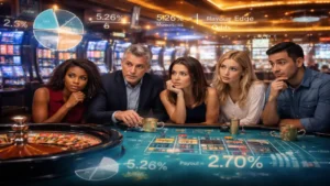Group of players analyzing roulette table with digital statistics showing house edge, payout percentages, and casino odds in a live gaming environment