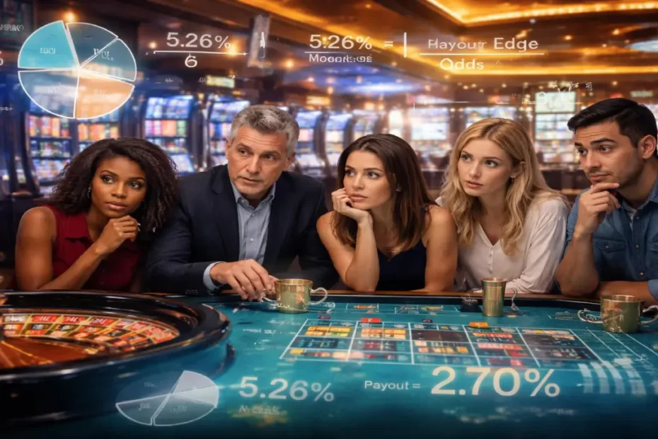Group of players analyzing roulette table with digital statistics showing house edge, payout percentages, and casino odds in a live gaming environment