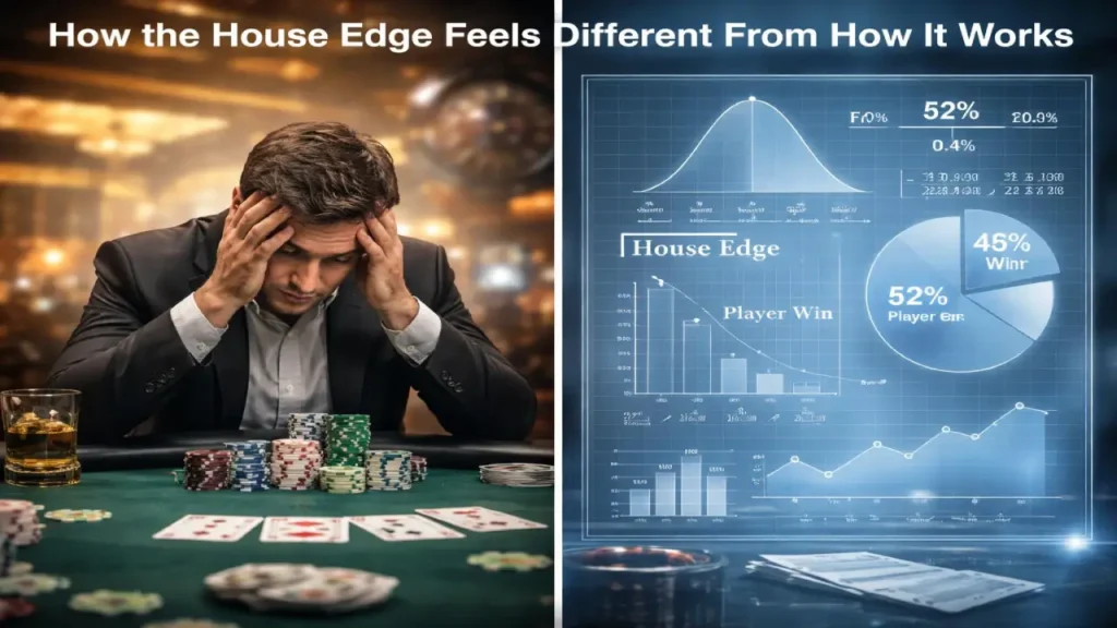 Split image showing frustrated casino player with chips and cards alongside data charts explaining house edge, player odds, and gambling probability differences