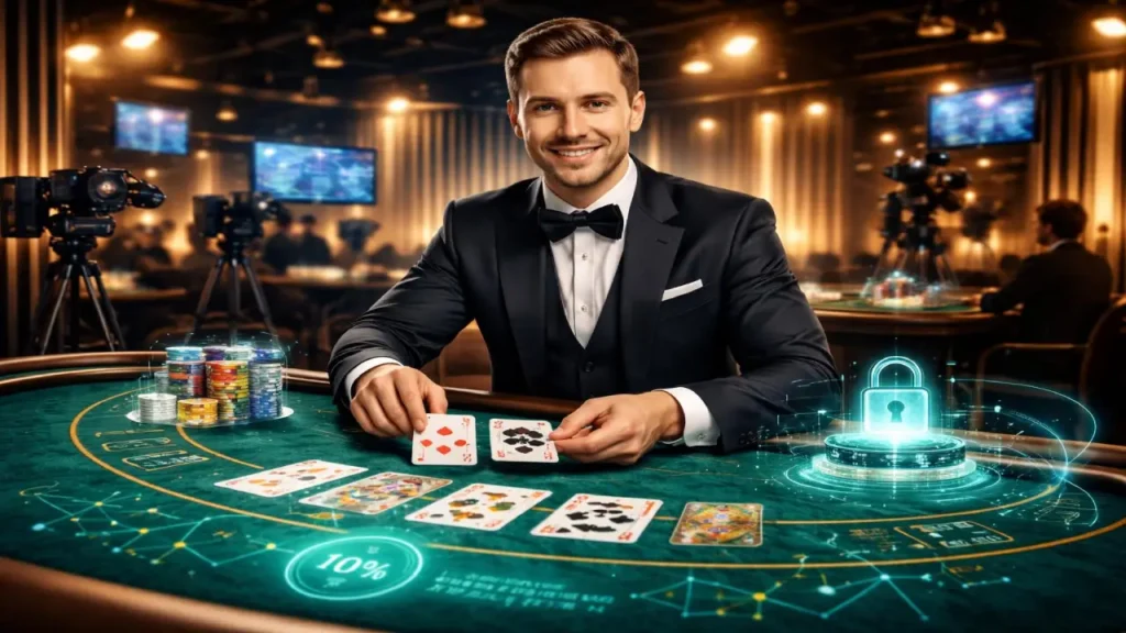 Professional live dealer showing cards at casino table with chips and digital security icon representing fairness, transparency, and secure online live dealer games
