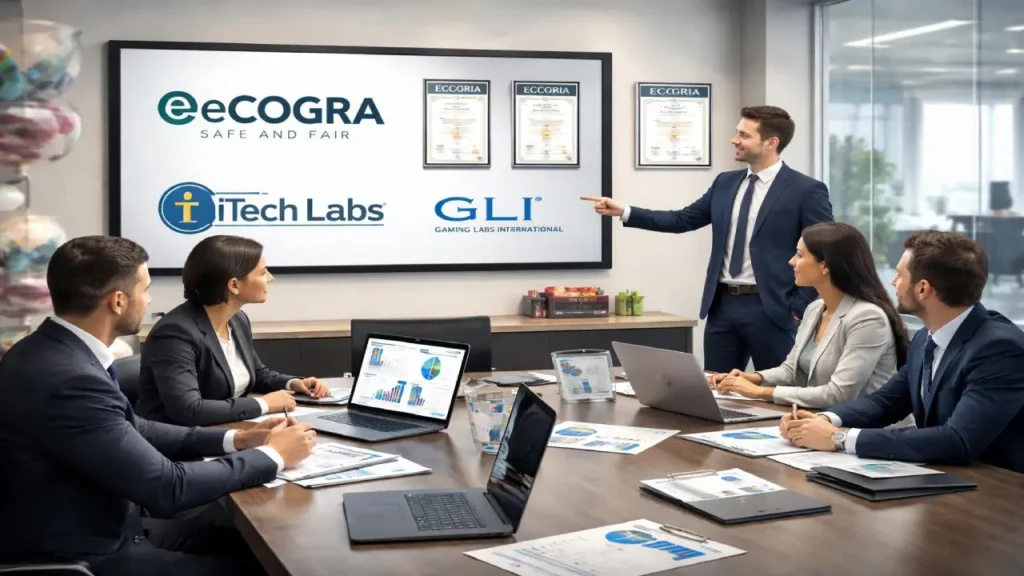 Business team reviewing casino fairness certifications including eCOGRA, iTech Labs, and GLI logos representing trusted online gambling testing organizations
