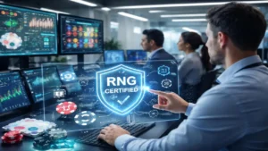 IT professional analyzing RNG certified system on digital interface showing online casino fairness, random number generator testing, and secure gaming technology