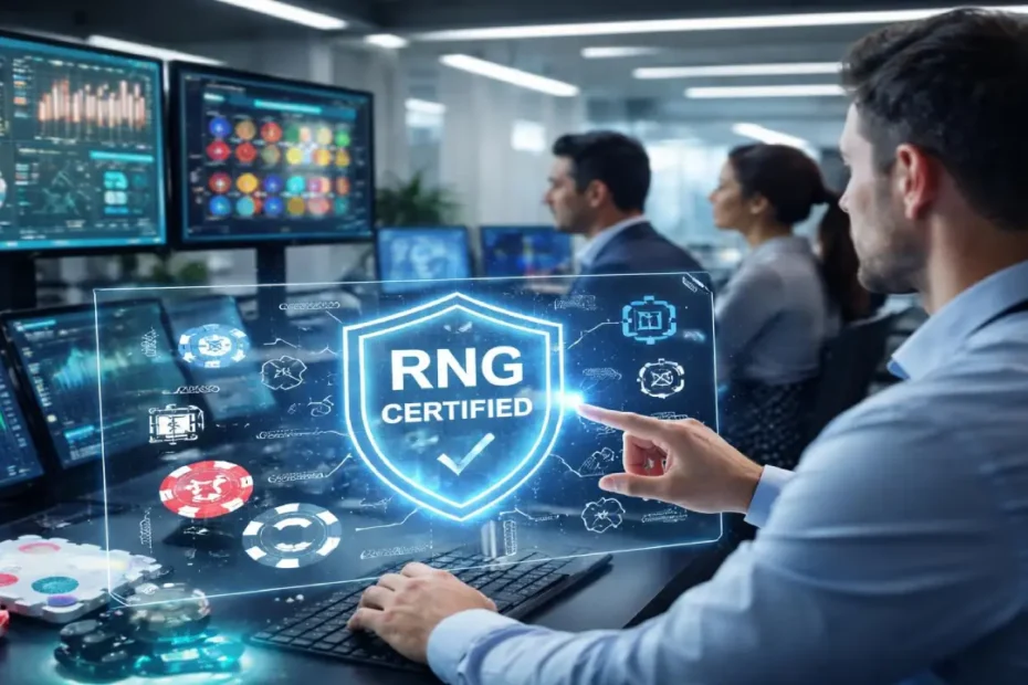 IT professional analyzing RNG certified system on digital interface showing online casino fairness, random number generator testing, and secure gaming technology