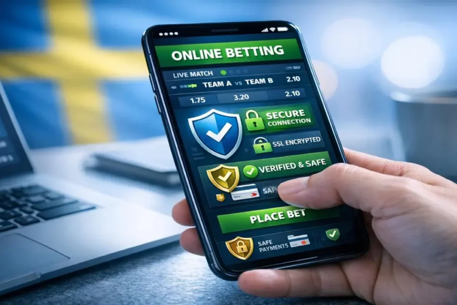 Mobile betting app showing secure connection, SSL encryption and verified safe features on a smartphone